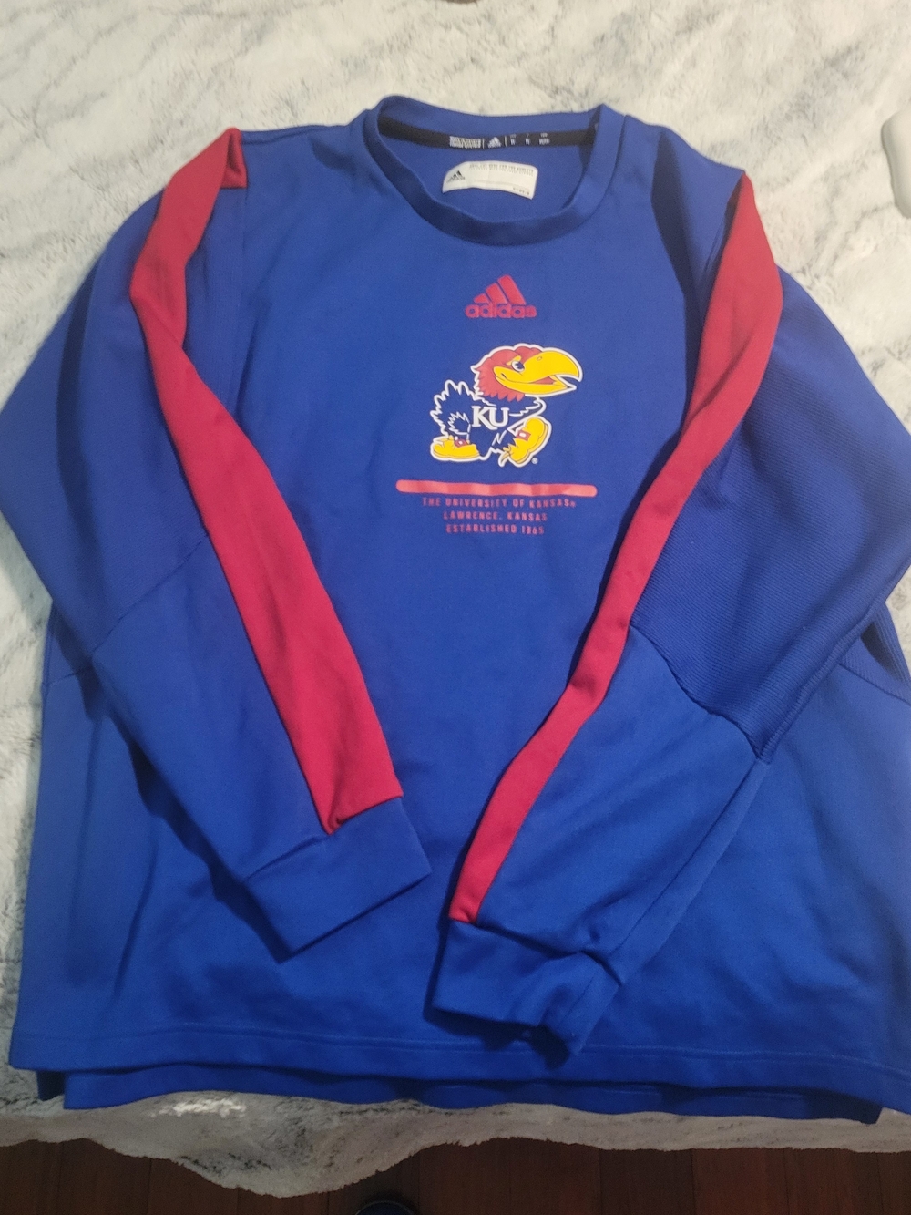 adidas Royal Blue Crewneck with Red Sleeve Stripes and Jayhawk Logo